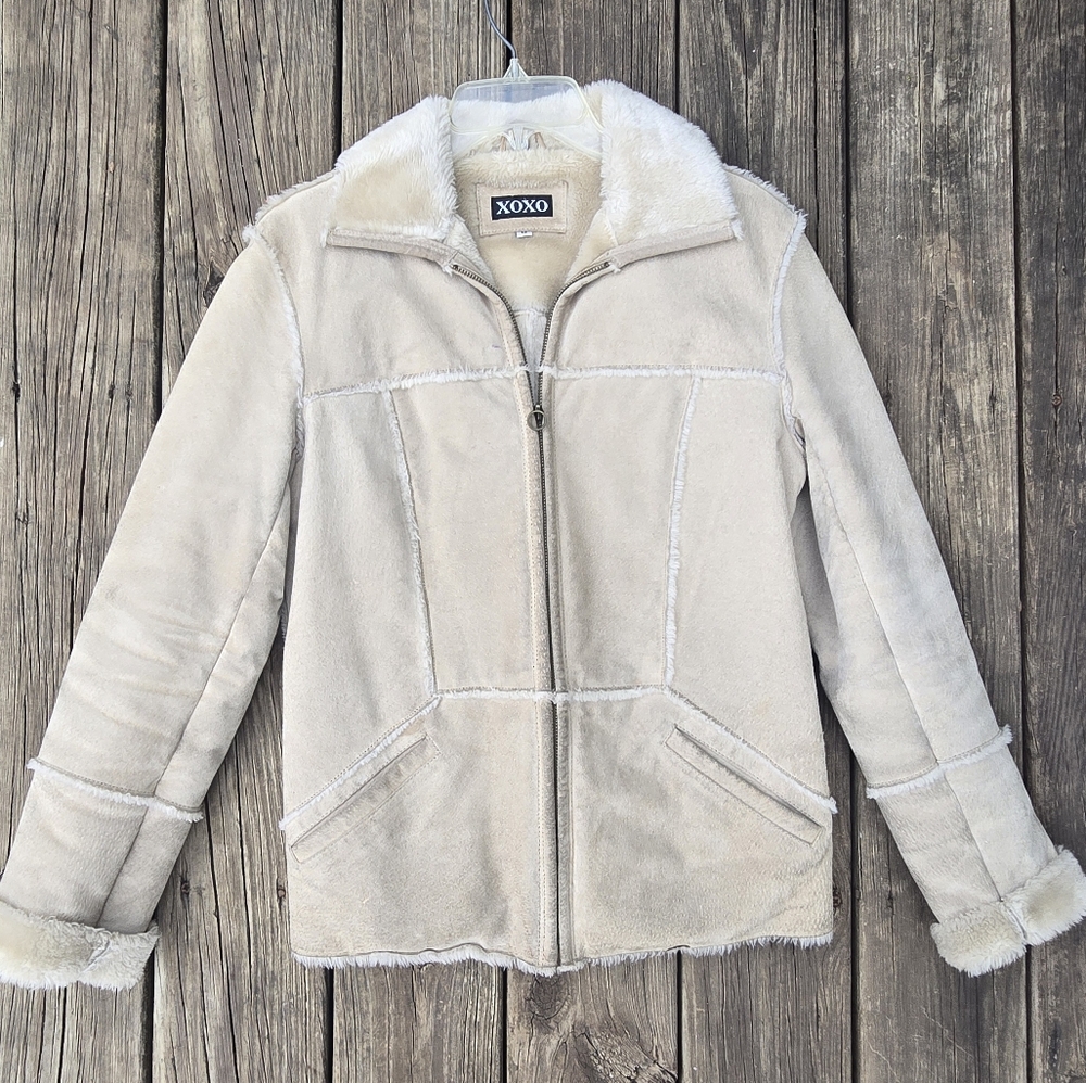 XOXO Women's Soft Cream Suede/Leather Y2k Lined Coat Juniors M